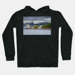 Wooden Buildings and Mountains in Alesund Norway Hoodie